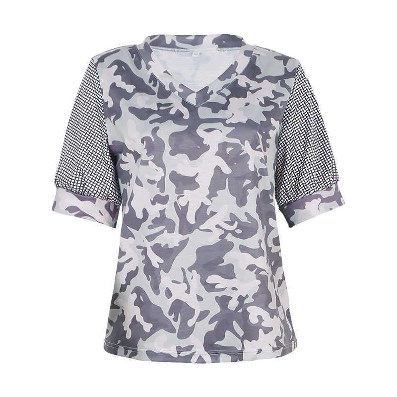 Fashion T-shirts Female Summer Camouflage Print V Neck Tops Plaid Patchwork Lantern Short Sleeve Women T Shirt Casual Loose Tees 210526