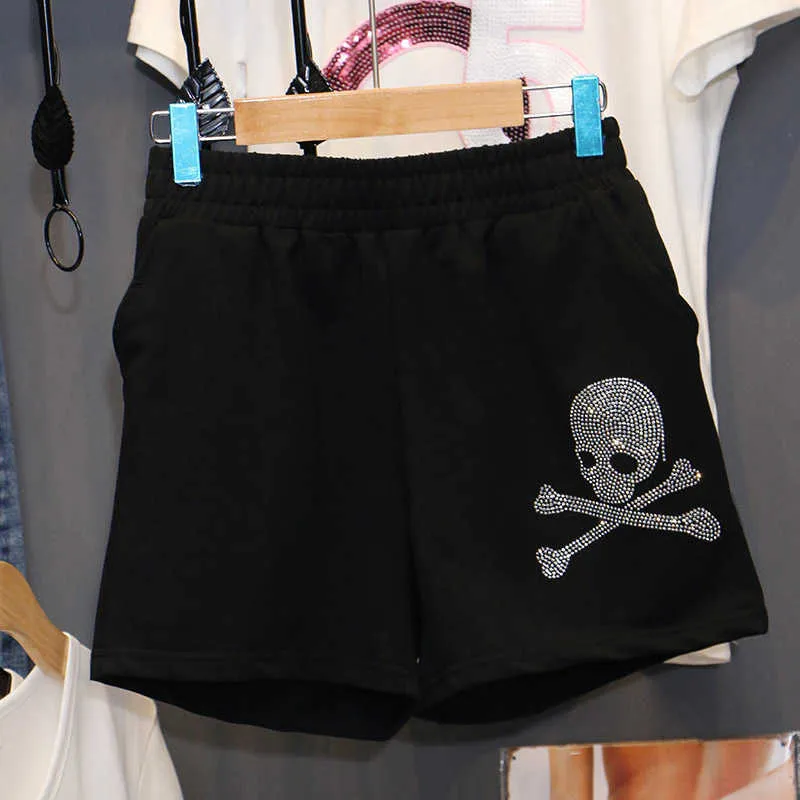 Skulls drill shorts mujer verano negro cintura elástica pantalones calle Casual mujer suelta moda movimiento 210621