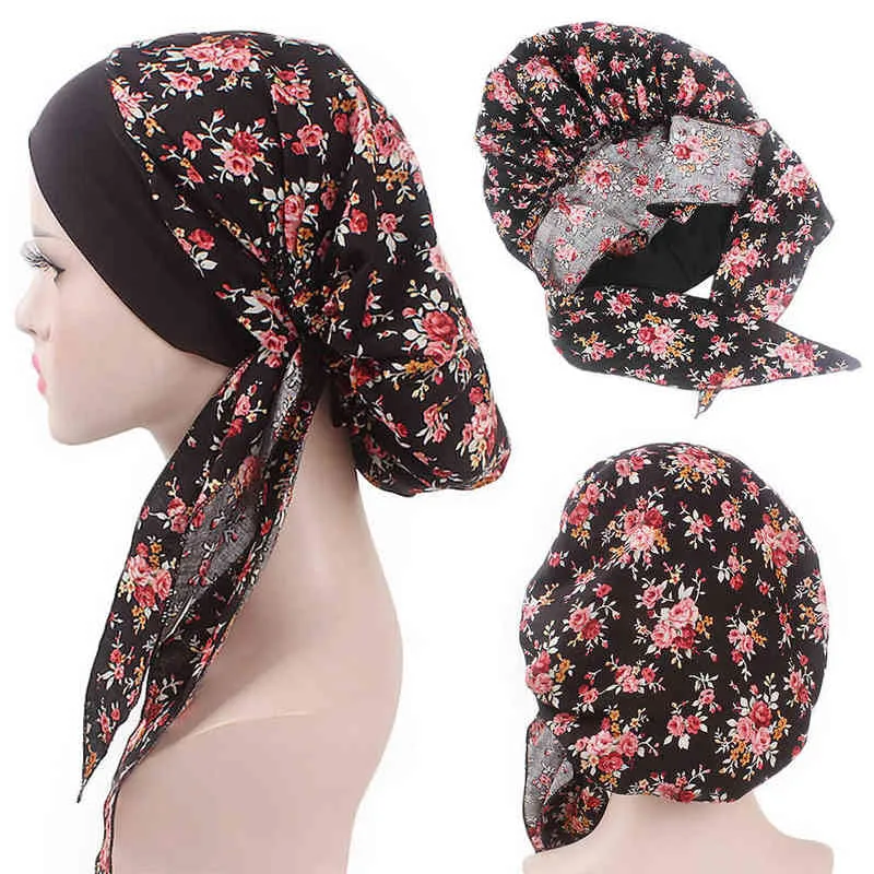 Women Printed Elastic Muslim Turban Hijab Cancer Head Scarf Chemo Hair Loss Hat Pre-Tied Headwear Bandana Y1229