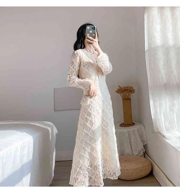 European Style Spring Women Solid Lace High-End Long Sleeve Sexy V Neck Hollow Elegant Slim Office Dress Vestidos 210514