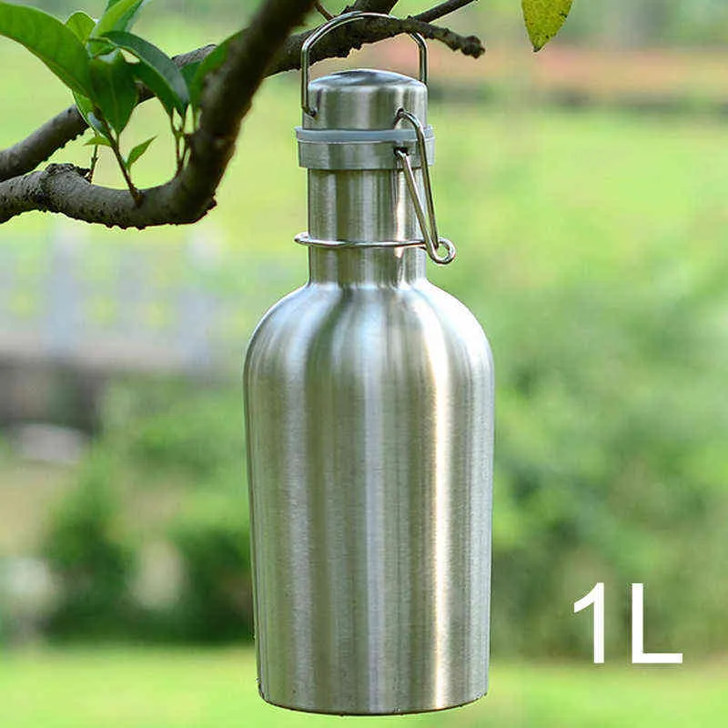 Mayitr 1L/2L 32oz/64oz Stainless Steel Water Bottle Beer Thermos Growler Outdoor Insulation Keg For Sport 211122