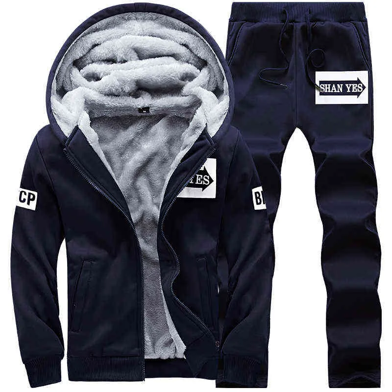 Fleece Men Vinter Set Fashion Casual Tracksuit Tjocktröja + Byxor Sportkläder Suit Män Vinter Varm Hooded OuterWear Suit 211123