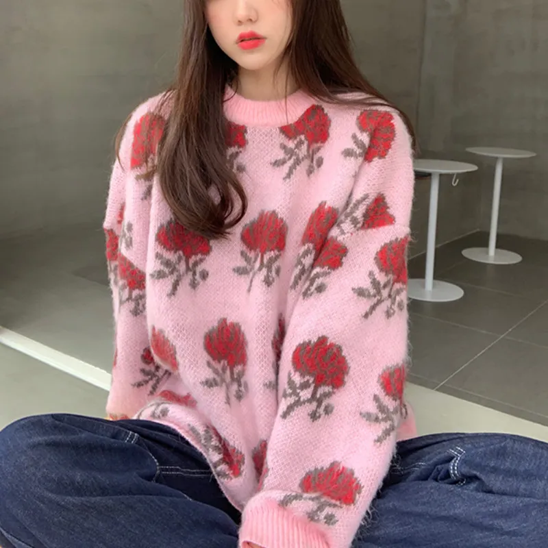 Kimutomo Women Rose Jacquard Knitted Sweater Spring Autumn Female O-neck Chic Long Sleeve Pullover Knitwear Fashion 210521