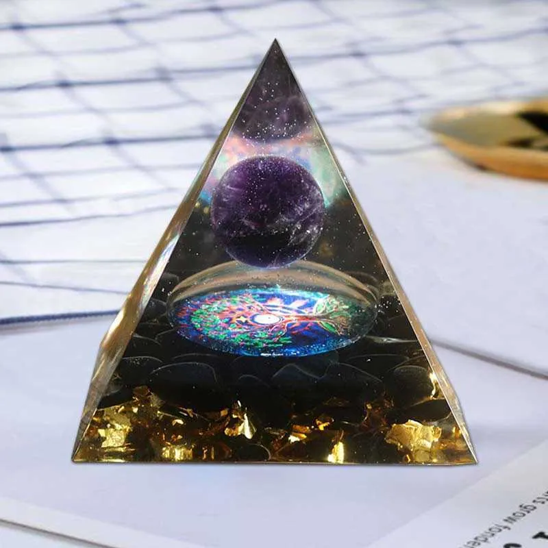 Orgonite Pyramid 60mm Amethyst Crystal Sphere With Obsidian Natural Cristal Stone Orgone Energy Healing Reiki Chakra Multiplier 210804