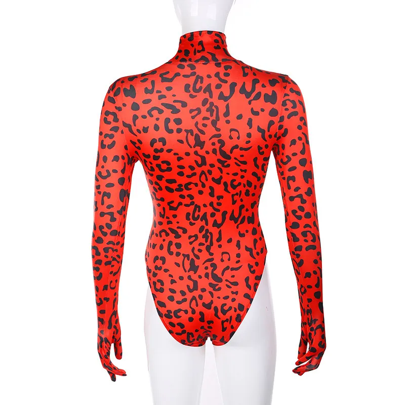 Vintage Red Leopard Print Turtleneck Lange Mouw Skinny Bodysuit Met Glovers Herfst Sexy Party Clubwear Outfit Bodycon Body Top 210517