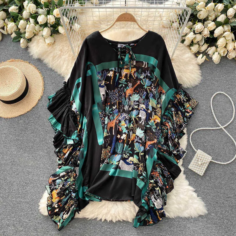 DEAT Women Loose Cloak Ruffles Dress Round Neck Short Sleeve Arrivals Lady Temperament Fashion Spring Summer 11D1546 210709