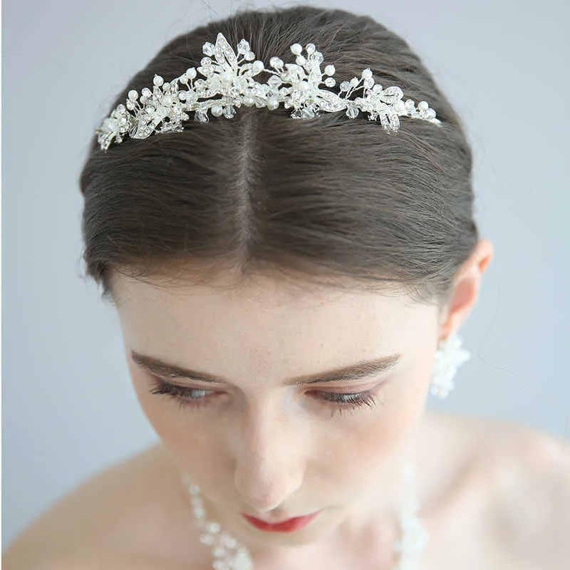 Delicate Silver Color Bridal Sieraden Sets met Tiara Crystal Parels Vrouwen Ketting Oorbellen Set Bruiloft Accessoires H1022