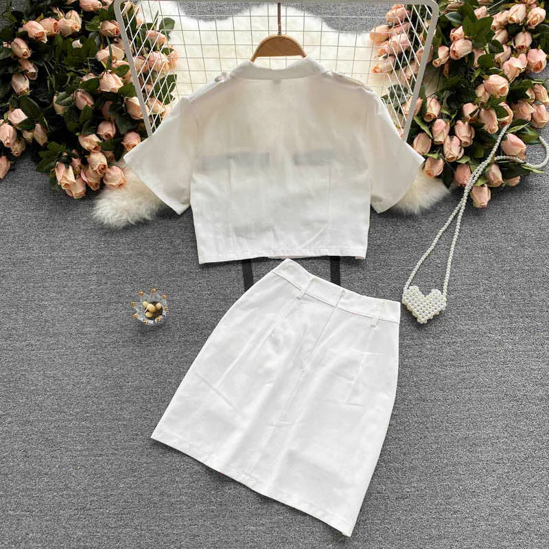 Frauen Mode Sommer Chic Kurzarm Einreiher Shirts Tops + Retro Große Taschen Röcke Zwei Stück Sets S711 210527