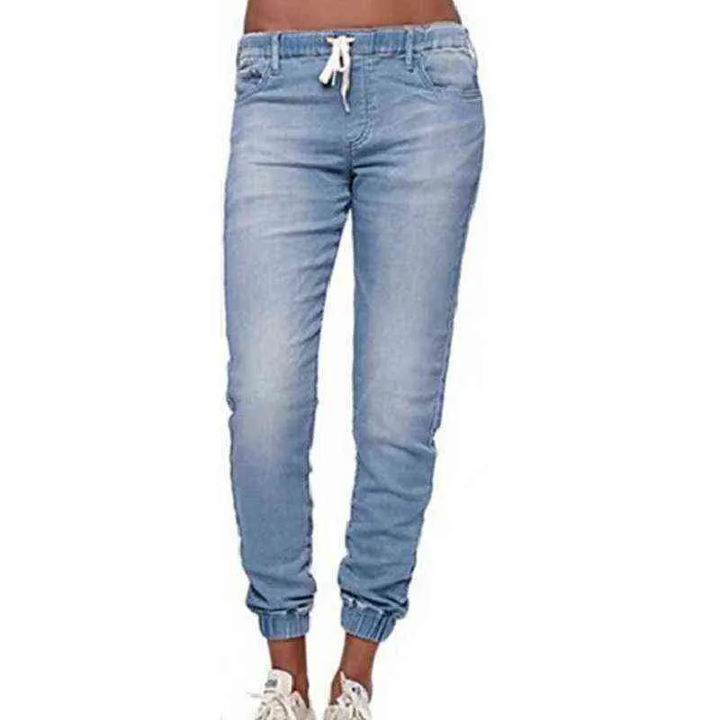 Printemps et automne Jeans pour femmes droites hip-up mi-taille tendance décontractée à lacets pieds lavés lanterne dames pantalons fins WS38 211129