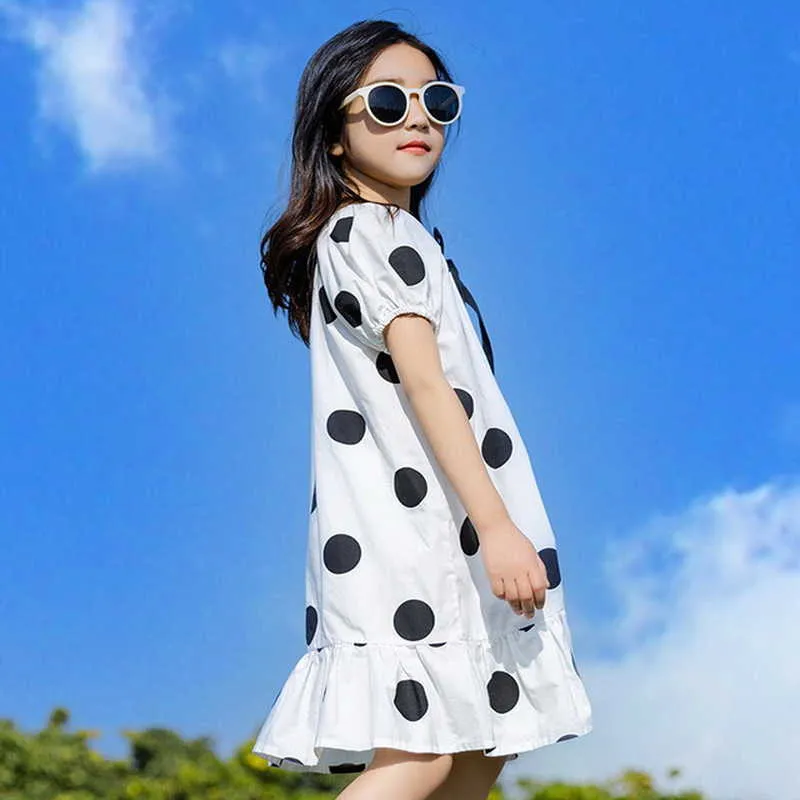 Koreaanse stijl zomer tieners meisjes jurk boog puff sleeves dot ruches prinses jurken mode kleding E397 210610
