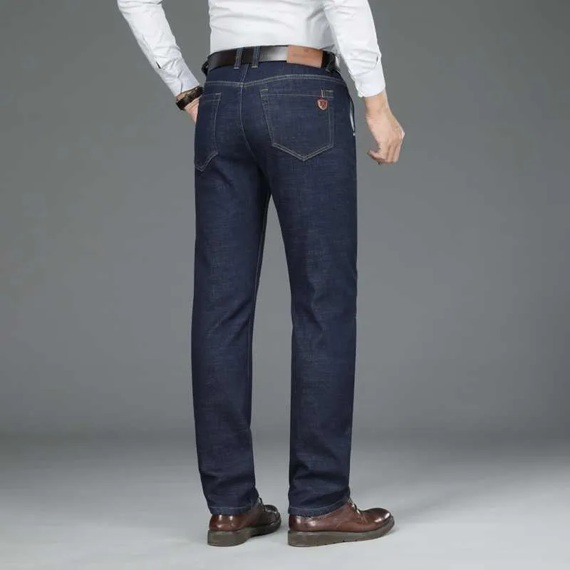 Klassisk läder herrgård Casual Straight Fit Jeans Vinter Varumärke Kläder Fleece Tjock Varm Högkvalitativ Cotton Denim Jeans 210531