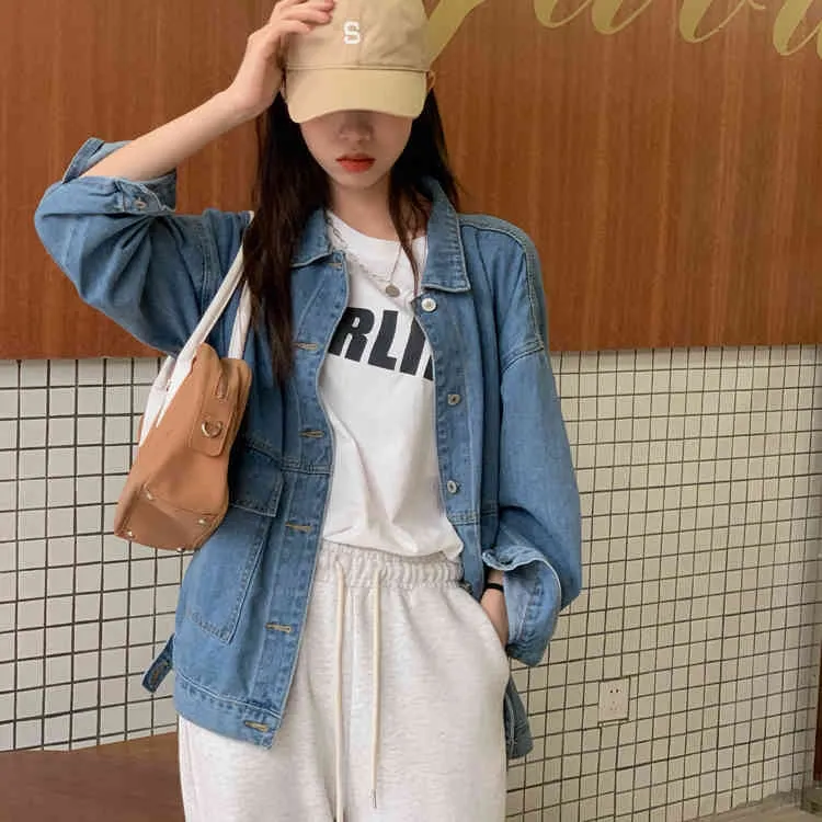 Cool Girl Blue Denim Casaco Casaco Mulheres Únicas Bolsos Breasted Moda Loose Tops Vintage High Street Feminino Femme 210513