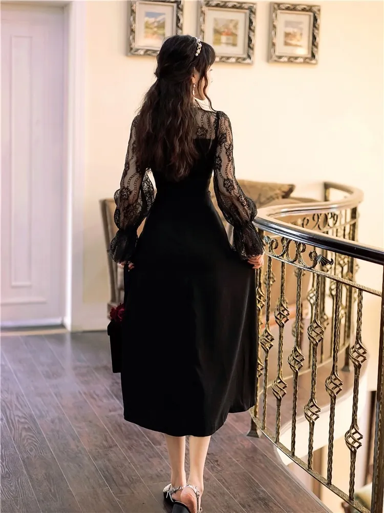 Robe Vintage noire femmes dentelle soirée rétro robe de soirée femme à manches longues Sexy bouton robe gothique corée automne 210521