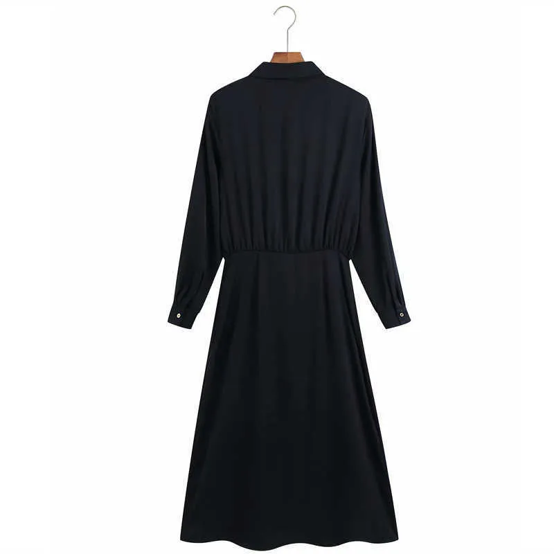 ZA Düğümlü Saten Midi Siyah Elbise Kadınlar Zarif Uzun Kollu Ofis Bayan Elbiseler Kadın Moda Ön Düğme Gösteri Vestido 210602