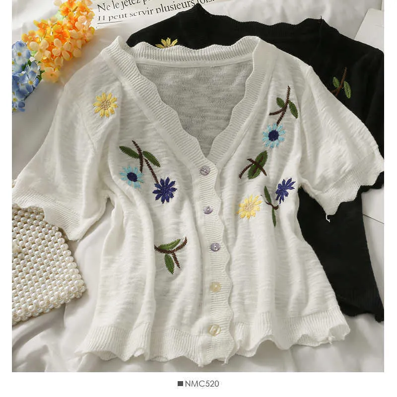 レトロな小新鮮な刺繍のシングルブレストの半袖ニットTシャツの女性のウェーブエッジカーディガンVネックスモールシャツ210709