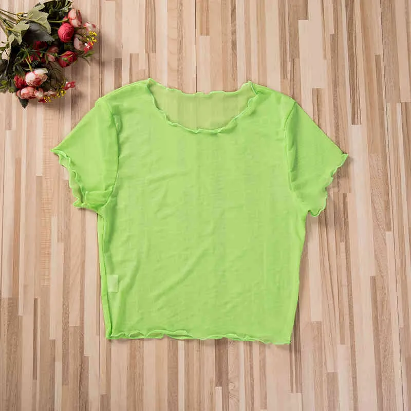 Kadın T-shirt Moda Mesh Casual Parti Seksi Bayanlar Kırpma Yeşil / Mavi / Turuncu / Mor Şeffaf Fırfır Mayo Tops 210522