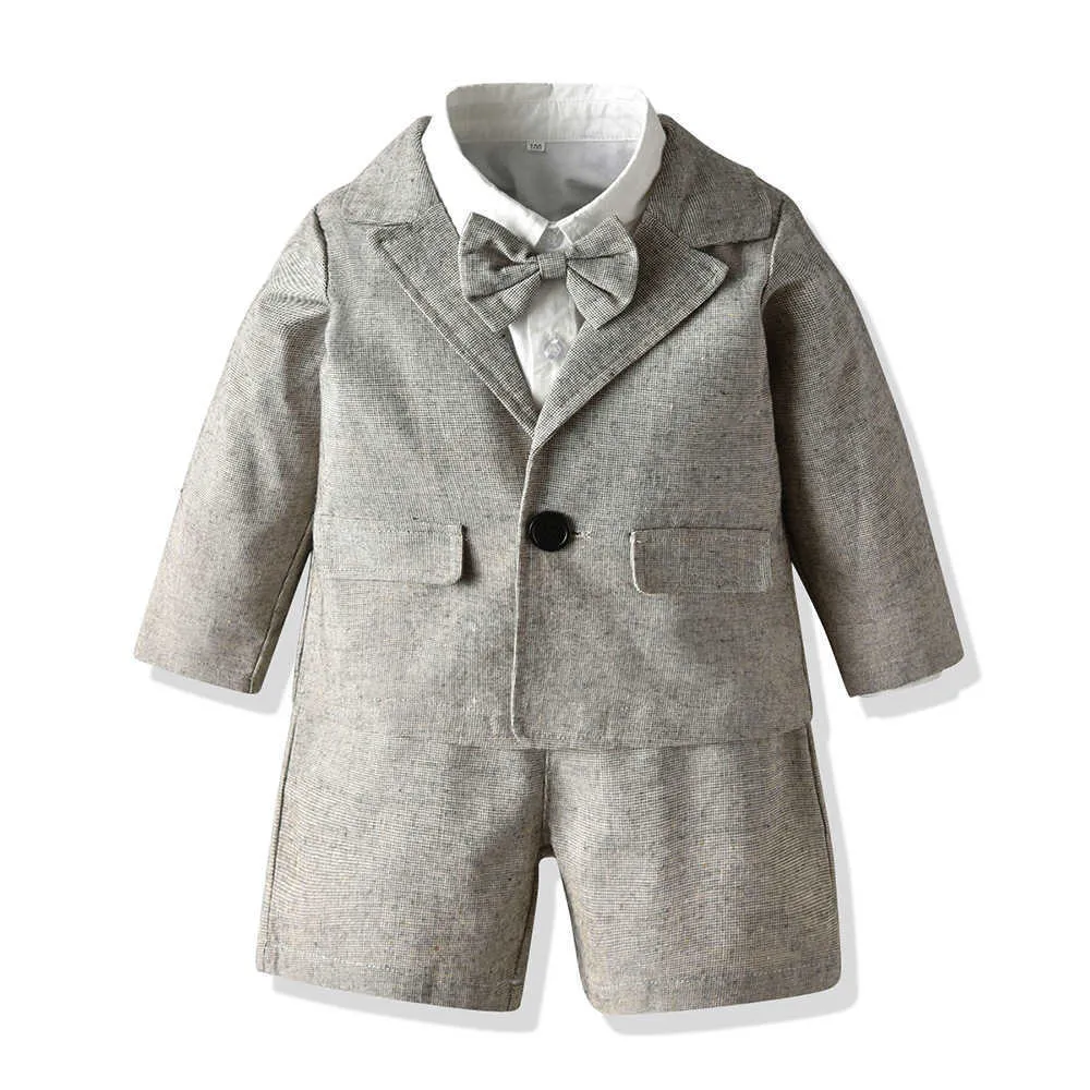 아기 소년 의류 양복 태어난 생일 침례 의류 세트 어린이 공식적인 복장 키즈 유아 화이트 셔츠 바지 Bowtie Blazer 210615