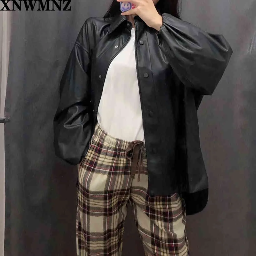 kvinnor vintage faux läderjacka mode lång ballong ärm elastisk manschett asymmetrisk delning hem outwear kvinnliga toppar 210520