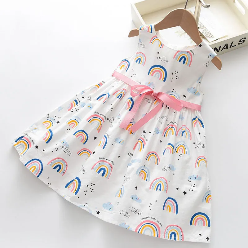 Zomer mouwloze meisjes jurk kinderen regenboog print boog partij prinses 3-8 jaar oud schattig meisje kleding 210515