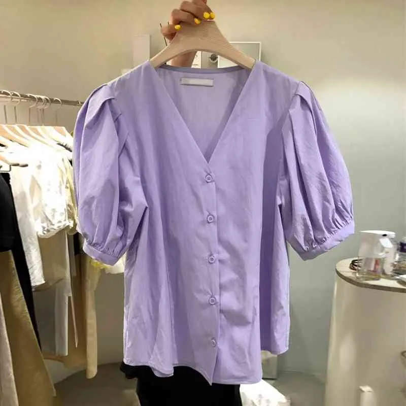 Summer Solid Puff Short Sleeve Buttoned Shirt Women Blouse All Match Womens Purple Top Korean Fashion Camisas Mujer 210514
