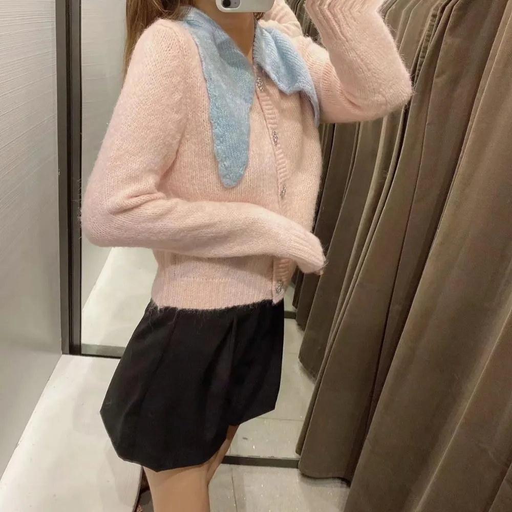 Women Sweet Fashion Gem Button Cropped Knitted Cardigan Sweater Vintage Long Sleeve Female Outerwear Chic Tops 210520