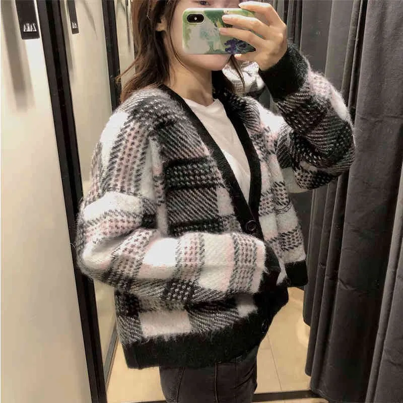 Frauen Herbst Winter Plaid Pullover Mäntel Lange Ärmel Lose Plus Größe V-ausschnitt Weibliche Vintage Mode Pullover Oberbekleidung 210513