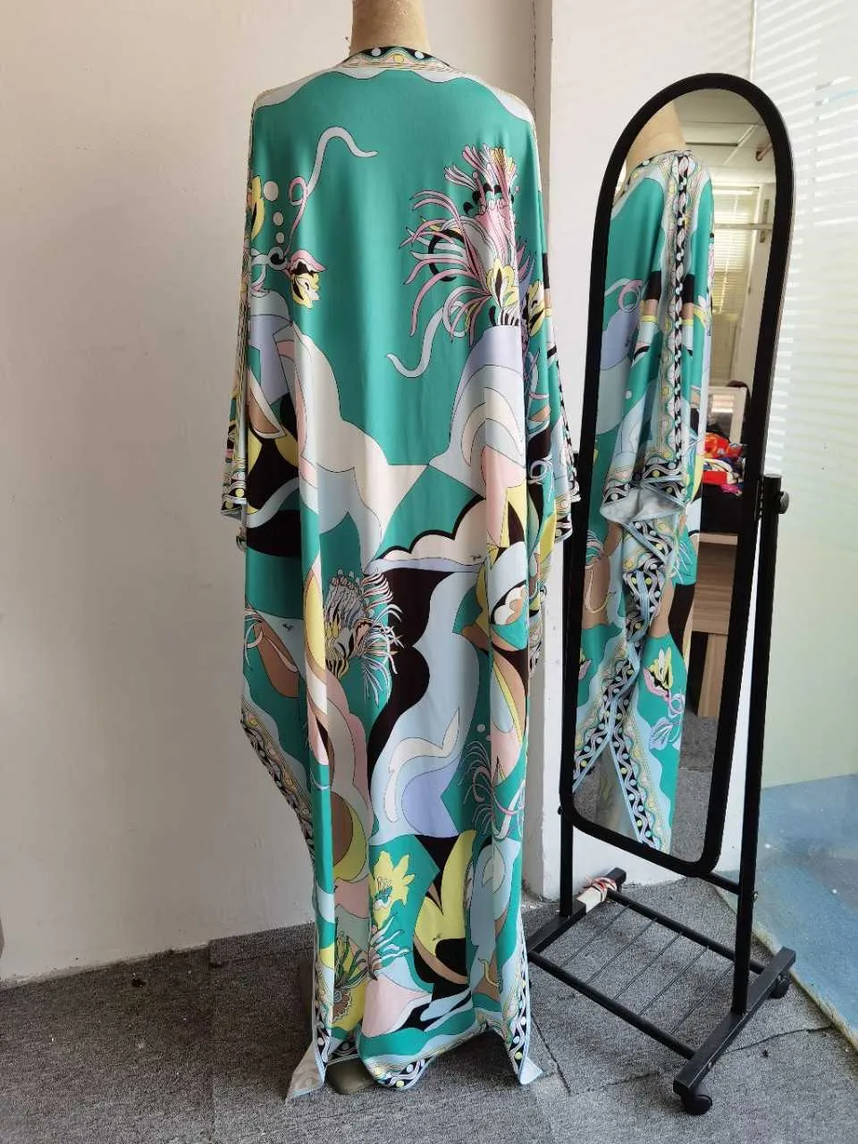 Plus storlek robe stickad silke v nacke print batwing ärm fotled-längd bohemiska klänningar för kvinnor 210615
