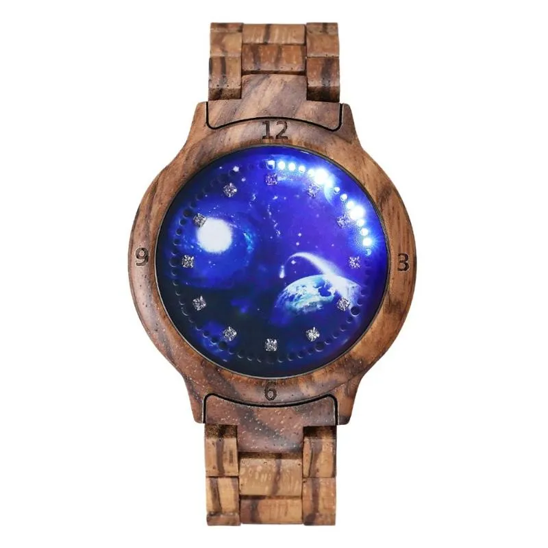 Kleurrijk houten horloge voor mannen Unieke LED-display Licht touchscreen Heren Dames Klok Nachtzicht Mode Watches332d