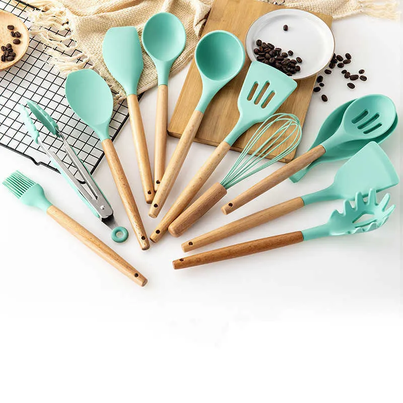 9/11/12 pièces ustensiles de cuisine en silicone ensemble spatule antiadhésive pelle manche en bois outils de cuisine ensemble avec boîte de rangement outils de cuisine T264D