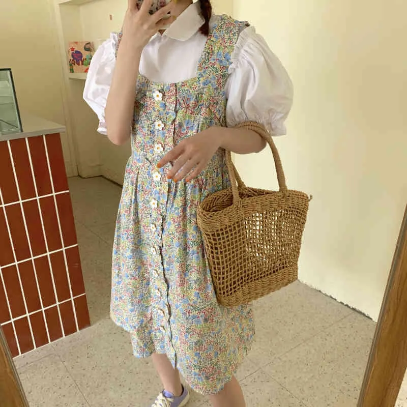 Nomikuma Koreanische Chic Frauen Kleid Sets Puff Kurzarm Bluse Shirt + Süße Floral Button Tank Kleider Neue Anzüge 6F987 210427