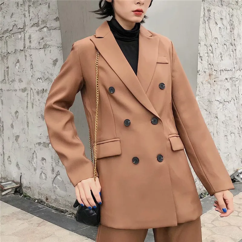 女性茶色のソリッドダブルブレストスーツジャケットオフィスレディースブレザーポケットデザインワークウェアトップ210430