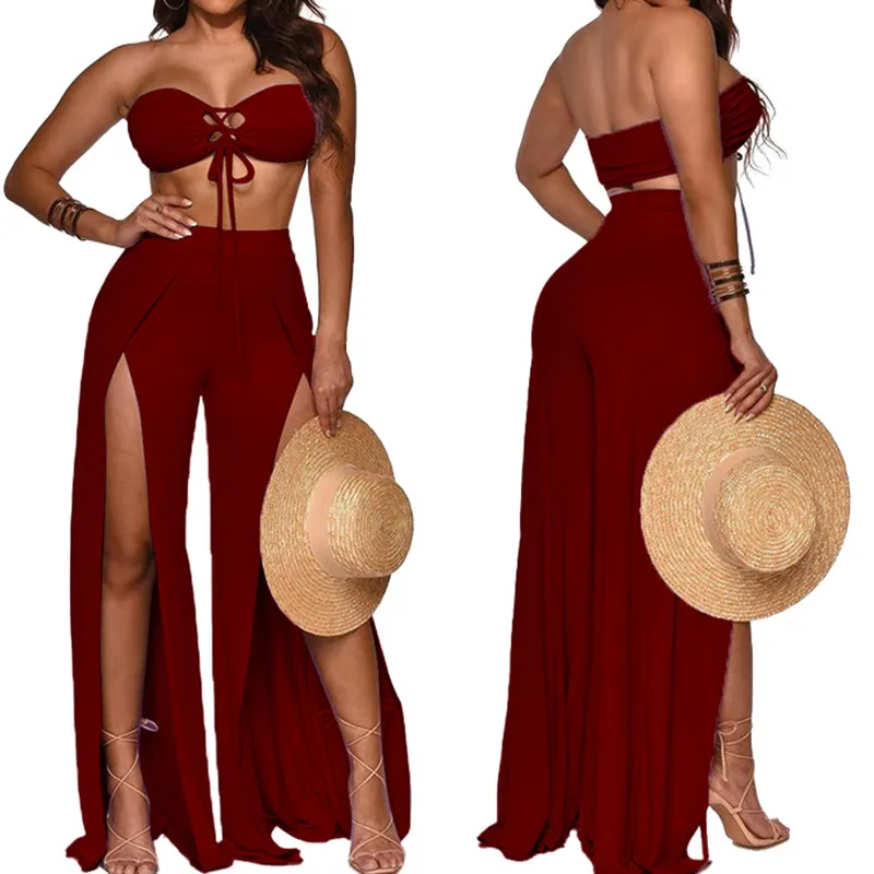 OMSJ Casual Sexy Women Streetwear Set Strapless Tops High-waisted wide-leg Pants Fashion Patchwork Suits 210517