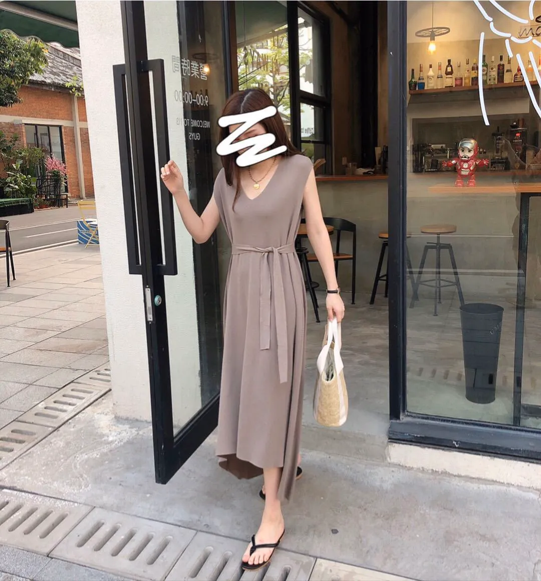 Vestido largo sin mangas de punto de verano para mujer, Vestidos asimétricos con cinturón y cuello en V, Vestidos elegantes Vintage coreanos para mujer 210513