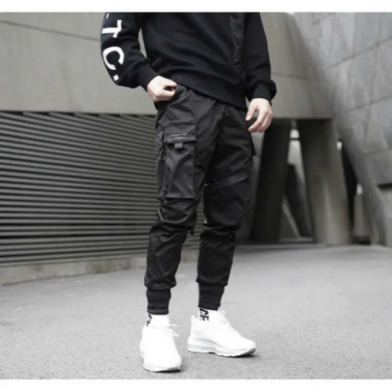 Prowow Uomo Nastri Streetwear Pantaloni cargo Autunno Pantaloni hip-hop Pantaloni Tuta Nero Moda Pantaloni larghi con tasche 210707