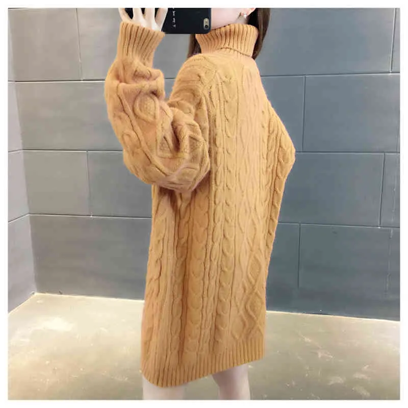 タートルネックルース怠惰な風の長いセーター女性の袖の縞模様のジャカードストレートニット女性春秋210427