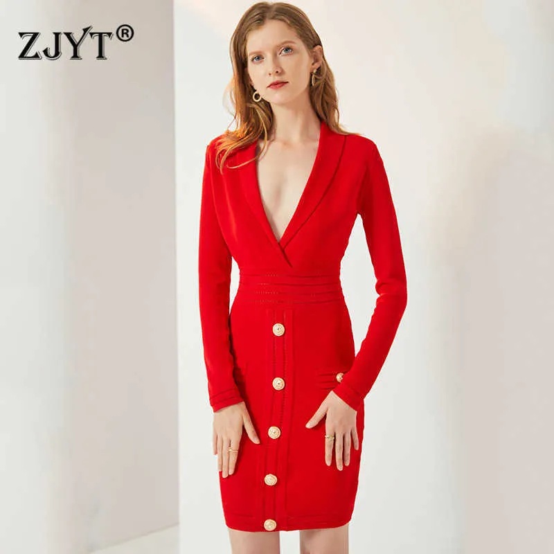 Runway Elegant VNeck Long Sleeve Solid Button Sheath Bodycon Knit Sweater Dress Women Spring Autumn Sexy Cocktail Party Vestidos 210601