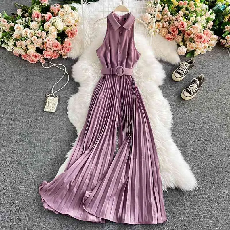 Kvinnors romper Spring Autumn Turn-Down Collar Sleeveless Vintage Playsuits Female Off Shoule Pleated Jumpsuit New Fashion 210326
