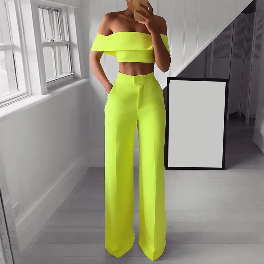 Neon Kobiety Zestaw Moda Zielony Biały Czarny Zimny ​​Ramię Ruffle Koszulka Przycisk Zipper Szeroki Noga Pant Suit 2020 Dropshipping X0428