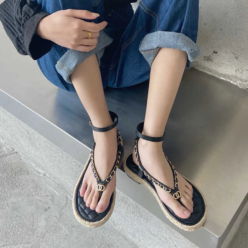 2021 sommer Mode Frauen Flache Heels Römische Sandalen Flip-Flops Weibliche Blau Schwarz Weiß Offene spitze Fischer Afrikanische Sandalen Schuhe y0721