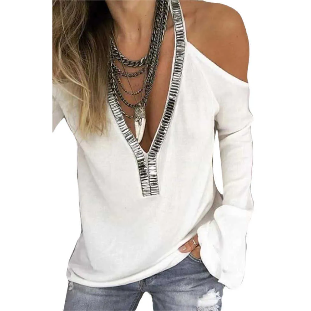 Women's t-shirt Sexy Sequins V Neck Cold Shoulder Long Sleeve T-Shirt Women Solid Color Top Plus Size Sequins 2021 X0527