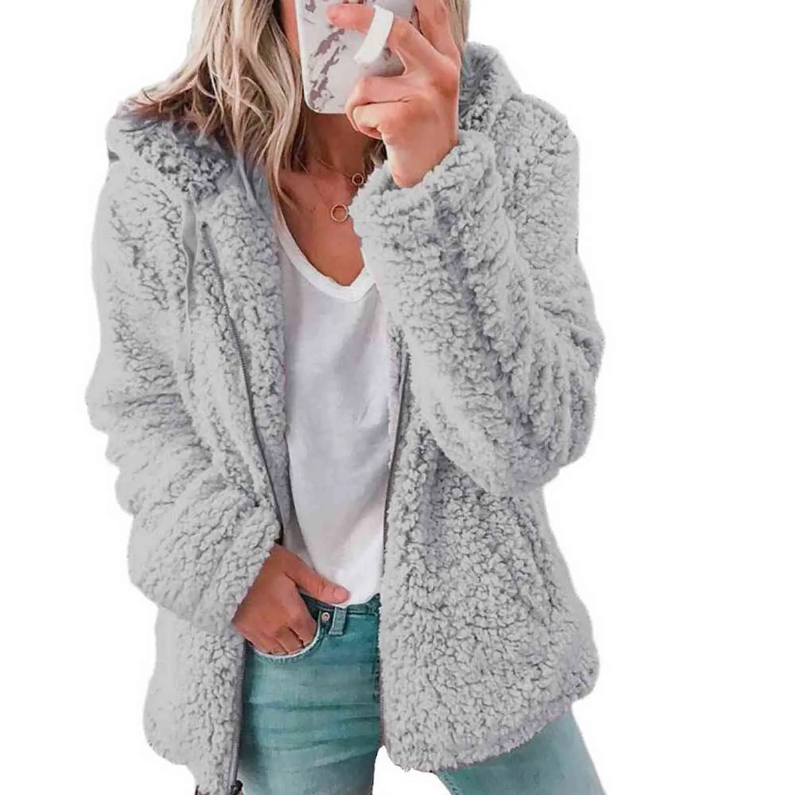 Mujeres Otoño Invierno Chaqueta Mujer Abrigo Causal Suave Con Capucha Fleece Felpa Cálido Más Tamaño Faux Fur Fluffy Cremallera Top 211122