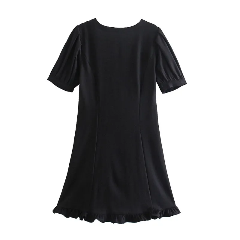 Süße Mode Spitze Rüschen Mini Kleid Frauen Vintage Puff Kurzen Ärmeln Zweireiher Weibliche Kleider Vestidos 210430
