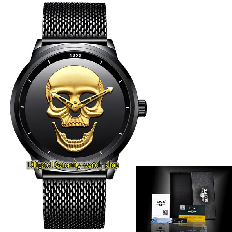 LIGE eternity LG9876 Спортивные мужские часы Черный скелетонизированный циферблат Кварцевый механизм Мужские часы Стальной корпус Нержавеющая сетка в форме Strap251e