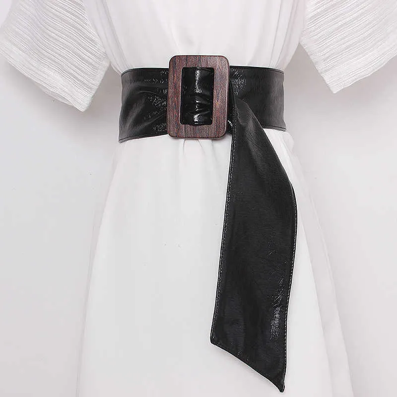 Cinturón de cintura ajustable con hebilla sin pasador para mujer, cinturón ancho de charol negro suave, correa de corsé ancha, cinturón para mujer 2020 Q0624