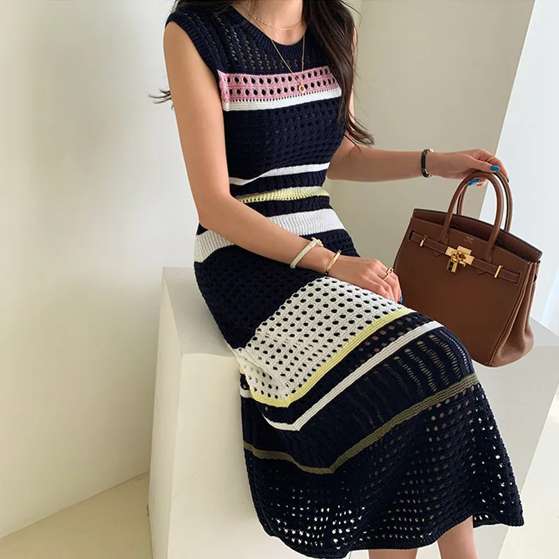 LANMREM Summer recommended Korean elegant small hollow-out fashion stretch dress summer knitted sling dresses WO0150 X0521