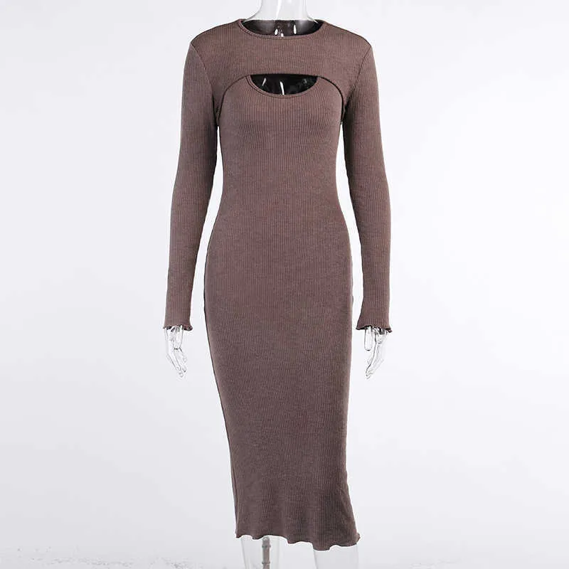 Colysmoニットスリップドレス茶色のボディコンミディドレスのための女性パーティー長袖ウェア秋シックストリートウェア女性vestidos 210527