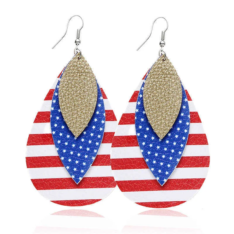 MG Nouveau Glitter Trois Couches Drapeau Américain Pu Boucles D'oreilles En Cuir Feuille Goutte D'eau Mode Boucles D'oreilles Bijoux Femmes Accessoires Cadeau Q0709