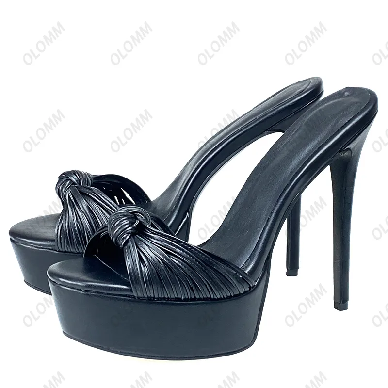 Olomm, sandalias hechas a mano para mujer, sandalias de PU con nudo mate, tacones de aguja sexis, zapatos de vestir negros elegantes con punta abierta, zapatos de mujer de talla grande de EE. UU. 5-20