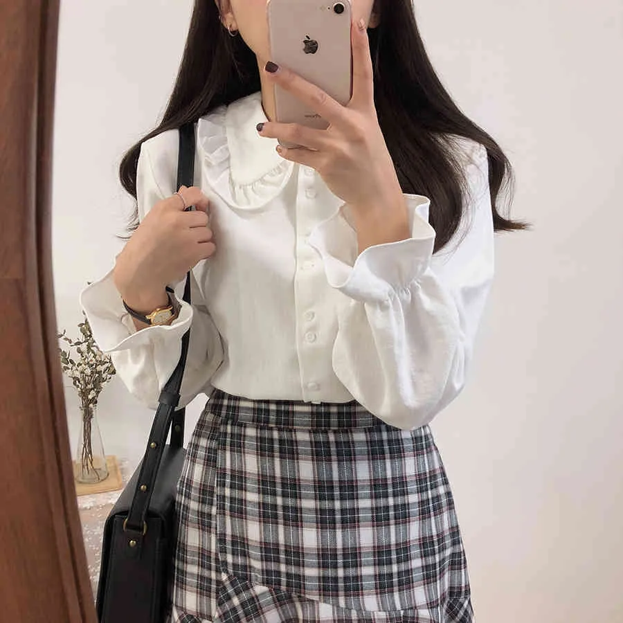 Koreaans wit shirt Casual Peter Pan Collar Vrouwelijke Blouse Lange Mouw Sweet Blusas Meisjes Studenten Mode Top 210519