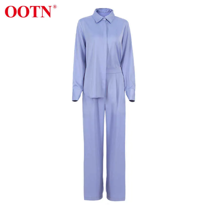 OOTN Blue Satin Home Suit Wear Frühling Braun Langarm 2 Stück Top und Hose Sets Lose Lässige Solide Damen Hosen Set 210721